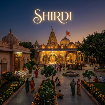 Beautifully illuminated Shirdi Sai Baba temple complex at dusk Maharashtra India
