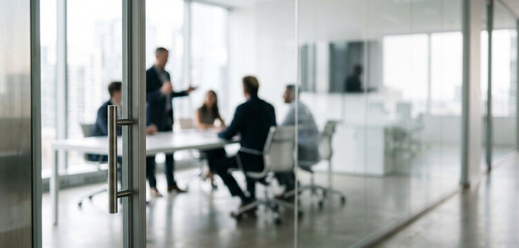 A business meeting takes place behind a glass door, showcasing professionals discussing strategies in a modern office setting with a focus on teamwork.