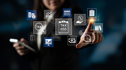 Obraz premium Business professional interacting with digital tax icons on touch screen, accounting symbols, finance analysis, fiscal management technology concept. Entropy.