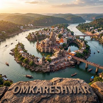 Aerial view of the sacred Omkareshwar Jyotirlinga Temple island on the Narmada River, Madhya Pradesh, India