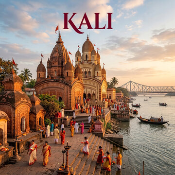 Dakshineswar Kali Temple Kolkata, Historic Bhavatarini Mandir on Hooghly River Banks with Howrah Bridge in Distance
