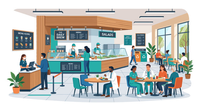 People dining and ordering food in a modern cafeteria, with staff serving customers.