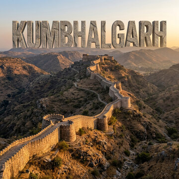 Kumbhalgarh Fort Wall Great Wall of India Rajasthan, Majestic Hill Fortification Overlooking Aravalli Mountain Ridge at Sunset
