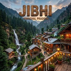 Fototapeta premium Jibhi Village Himachal Pradesh Waterfall, Cozy Wooden Cottages with Fairy Lights and Mountain Stream at Sunset 