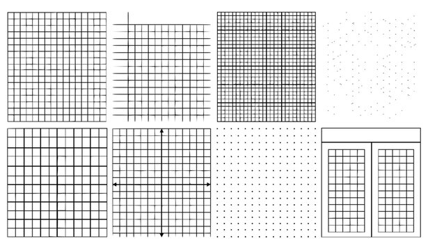 Set of Seamless Grid Vector Patterns Bundle Featuring Square Blueprint Mesh Dot Matrix Graph Paper Lines and Cartesian Coordinate Systems for Technical Geometric Designs