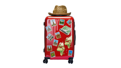 Red suitcase with travel stickers and straw hat © Lukas