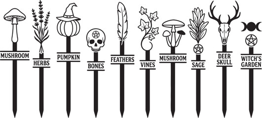 Halloween themed Silhouette Icons Featuring Mushrooms Pumpkins And Botanical Elements © Puja