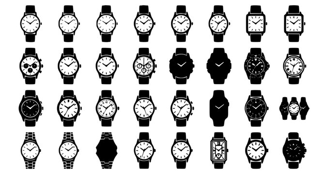 Minimal Wrist Watch Icon Pack with Various Styles Isolated on White Background