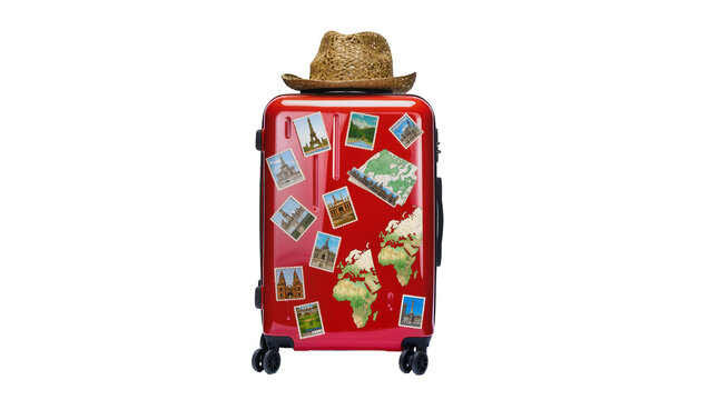 Red suitcase with travel stickers and straw hat