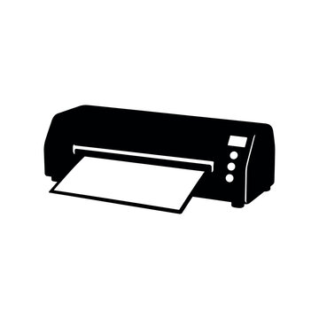 Black silhouette of a desktop document laminator machine on white background
