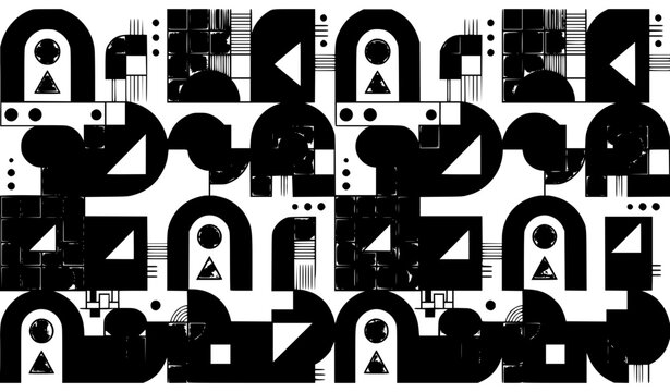 Seamless Black and White Bauhaus Geometric Vector Pattern with Abstract Distressed Shapes Arches and Triangles for Modern Graphic Fabric Designs