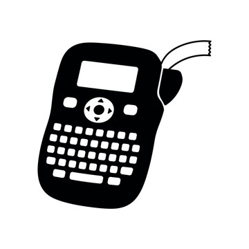 Black silhouette of a handheld label maker machine on white background