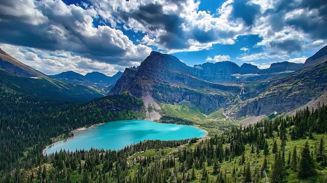 A breathtaking high angle aerial shot of a stunning glacial lake surrounded by majestic mountains.