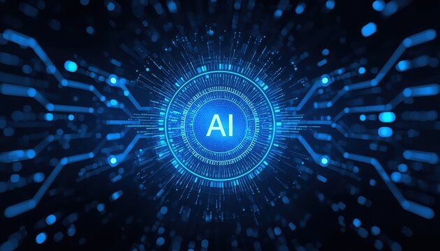 Futuristic blue circuit board with ai logo and glowing lines on dark background with technology elements and neon lights