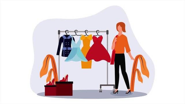 Boutique Garment Selection and Digital Retail Apparel Storefront Curation Animation: Woman with Shopping Bag Walking Toward Dress Rack and High Heels, White Background, Seamless Loop.