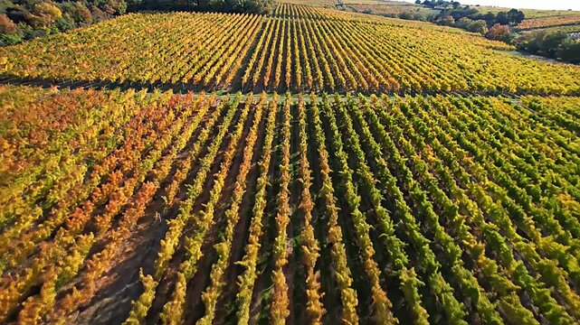 Aerial view of vineyard rows in golden autumn light.