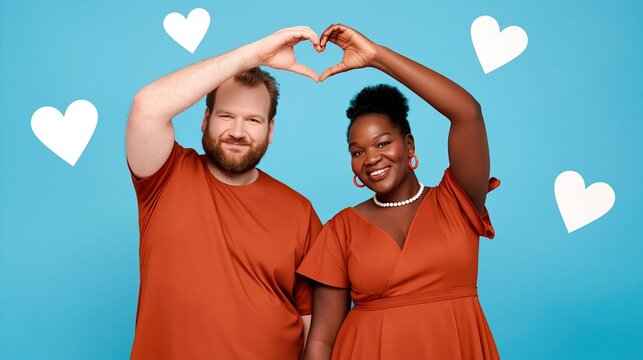 Happy couple making heart shape with hands