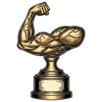 Golden trophy featuring a muscular arm flexing a bicep in a detailed vintage engraving style illustration presented as a standalone isolated icon on transparent background