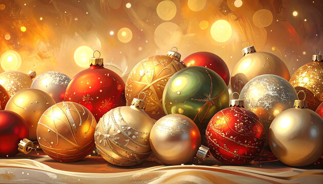 Collection of festive Christmas ornaments with glowing bokeh background