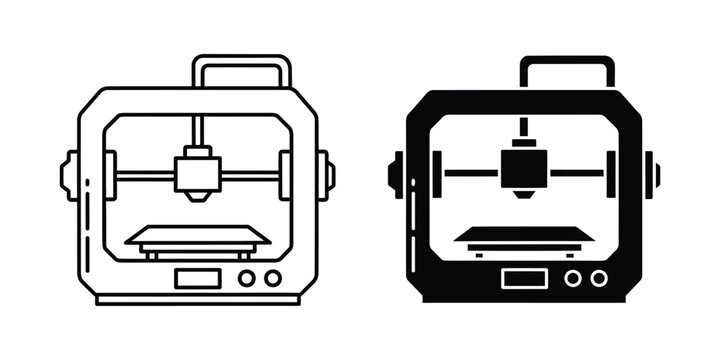 3d printer set featuring outline and solid black styles for modern additive manufacturing technology