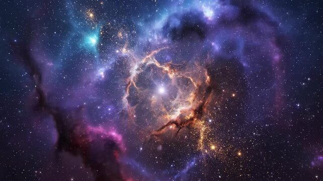 Dynamic celestial nebula with shimmering golden dust and intricate cosmic patterns slowly expanding and contracting in a magical design stars, astronomy, magic