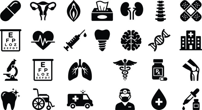 Medical and Healthcare Glyph Icon Set with Hospital Equipment Human Organs Anatomy and Clinical Symbols for Web Graphic Designs