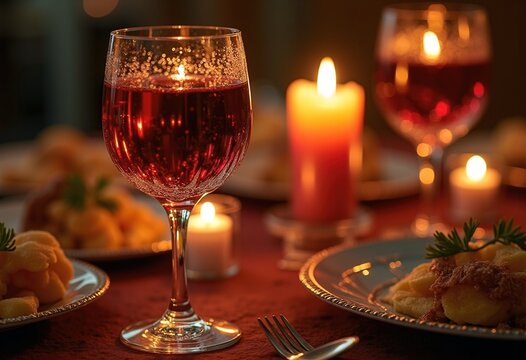 Rich Red Wine Crystal Glass Candlelit Dinner Romantic Evening Dinnerware