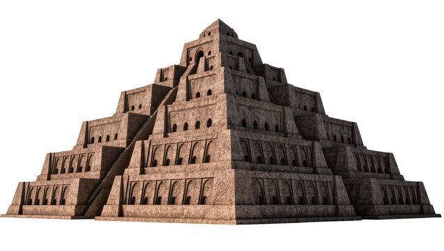 Ancient stepped ziggurat temple with stairs and arched windows