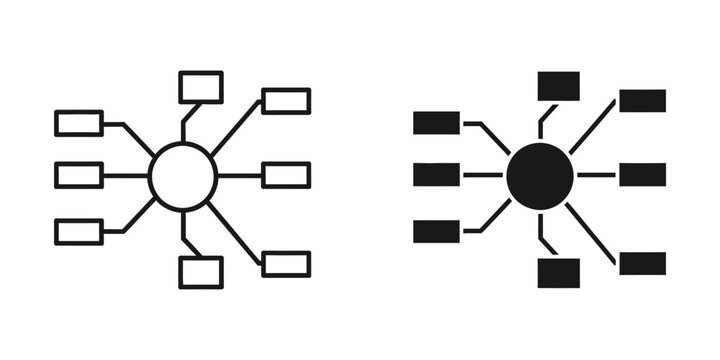 Central node network diagram set for data structure mind mapping information flow and connectivity concept