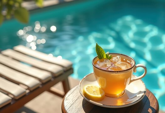 Sunny Poolside Lounger Radiates Calm Water Ripples Lemon Slice Refreshment