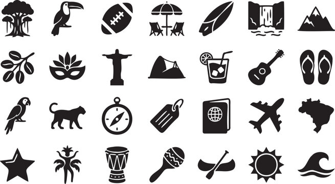 Detailed collection of black vector icons representing various symbols of brazil including nature wildlife culture travel and recreational activity items