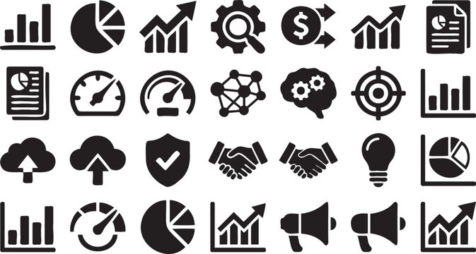 Professional collection of black business vector icons featuring charts graphs marketing tools and communication symbols for modern corporate digital projects