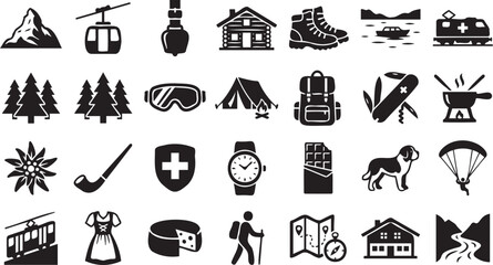 Detailed black and white vector illustration set displaying various iconic swiss themed travel symbols and traditional cultural adventure elements together © Monivara Creations
