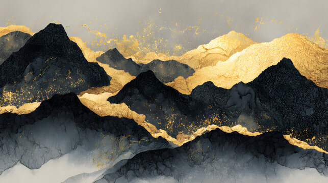 Abstract mountain landscape painting with black ink textures and flowing gold leaf accents on grey paper.
