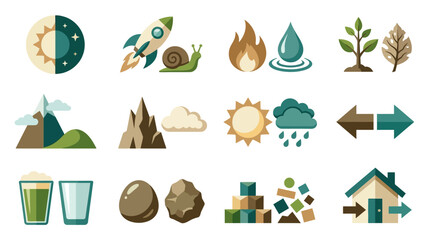 Colorful flat icons featuring space, nature, and objects. © Akif