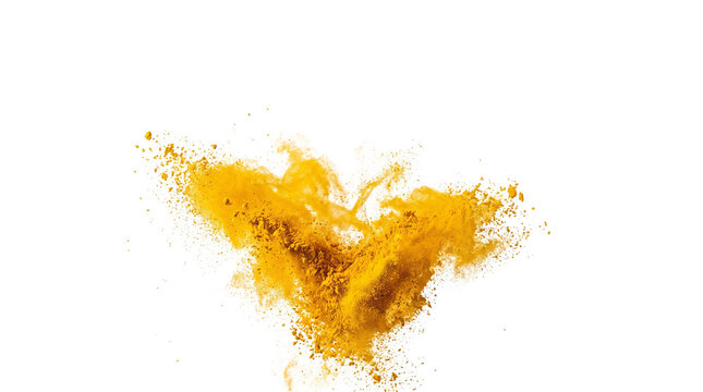 Vibrant yellow turmeric powder explosion, golden spice dust cloud in motion, organic curry seasoning splash for culinary design isolated PNG with Transparent Background