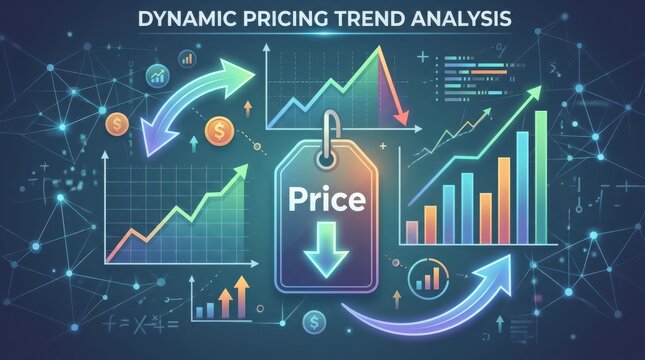 Dynamic pricing trend analysis infographic with price tag and charts