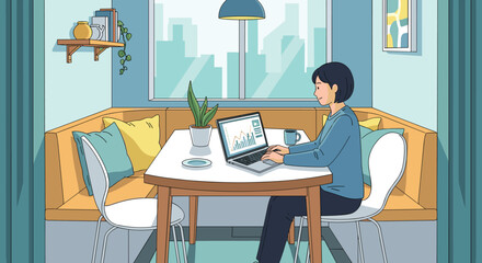 Fototapeta premium Flat illustration of person sitting at desk hesitating before decision, hand on chin, laptop open but idle, sticky notes blank on desk, remote worker, freelance, work from home, work from anywere,