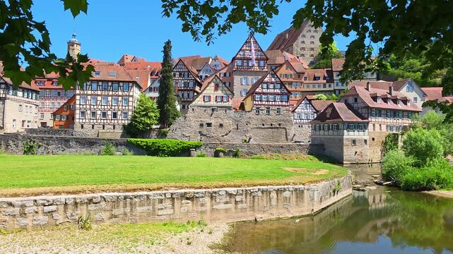 Beautiful riverside view of the old town of Schwabisch Hall, Germany with half timbered houses.
