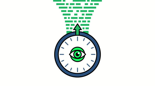 A green eye inside a clock with an arrow pointing up towards green binary code