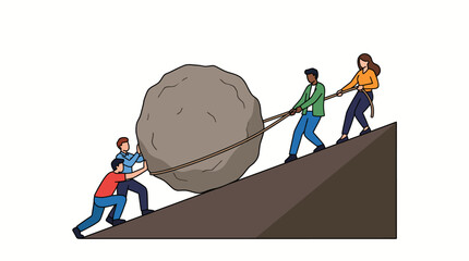 Four people working together to push a large boulder up a steep hill with ropes © Ashok