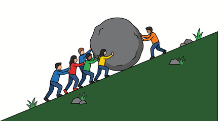 A diverse group of people pushing a large boulder up a grassy hill together in a teamwork concept with a © Ashok