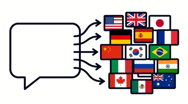 A speech bubble with arrows pointing to various international flags representing global communication and translation