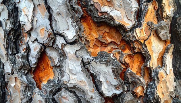 Macro photography of rough pine tree bark showing detailed wooden textures and natural patterns in shades of grey orange and brown tones.