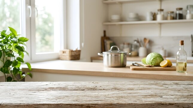 Cozy kitchen countertop with fresh ingredients and cookware by the window