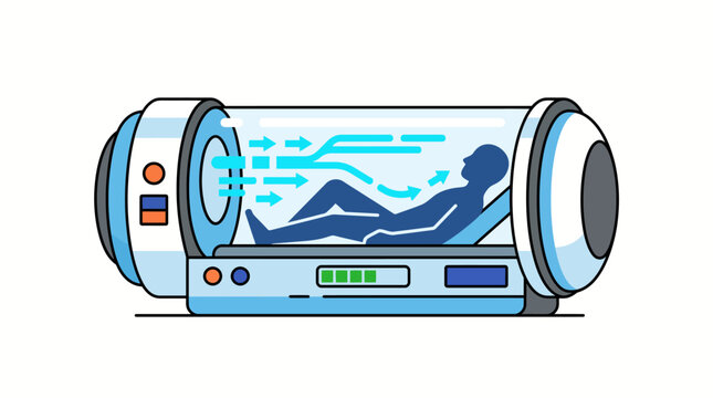 A person lying inside a hyperbaric oxygen chamber with arrows indicating air flow for medical treatment purposes in a hospital setting with a blue and white color scheme