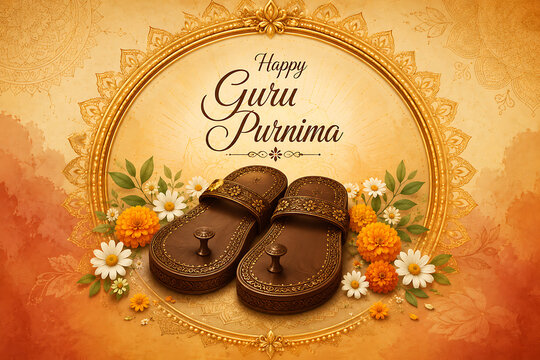 Guru purnima decorated paduka sandals with marigold flowers and golden mandala for hindu relegious festival devotion gratitude teacher worship ceremony sacred celebration