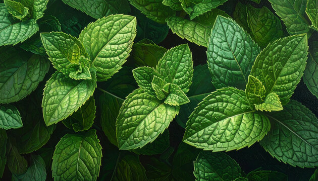 Close-up view of fresh green mint leaves with detailed texture