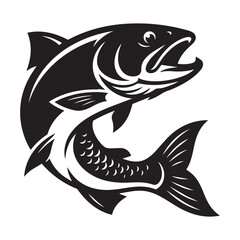 Obraz premium Black and white illustration of a jumping salmon fish for sports logo design