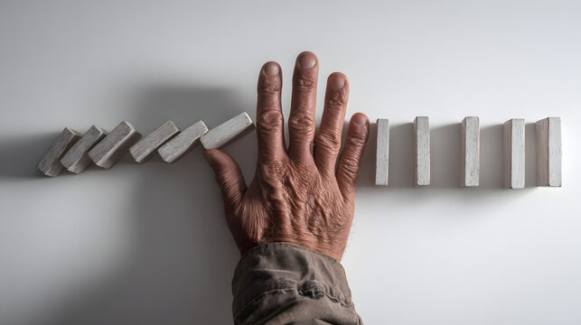 Hand stopping falling dominoes mid-action to prevent chain reaction.